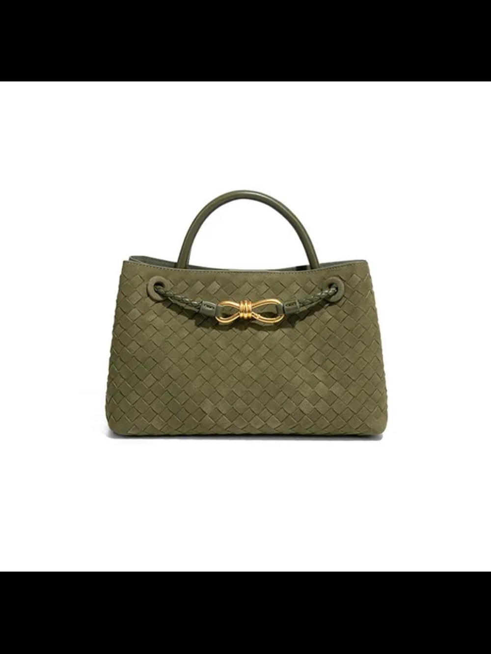 Olive Woven Leather Top-Handle Bag